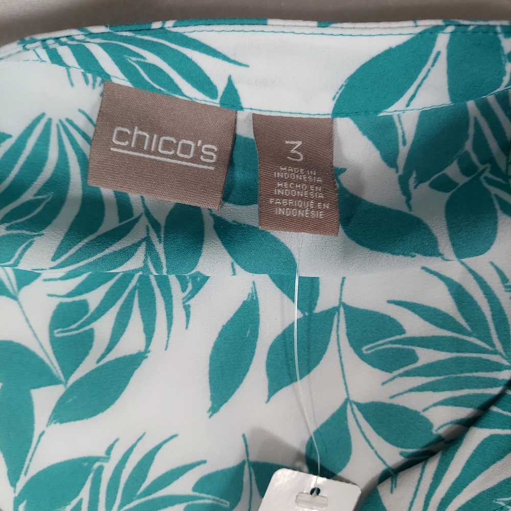 NWT Chico’s Sz 3 AMAZING Blouse 3/4 Sleeve Shannon EASTERN MIX Leaves Reef - Picture 5 of 8